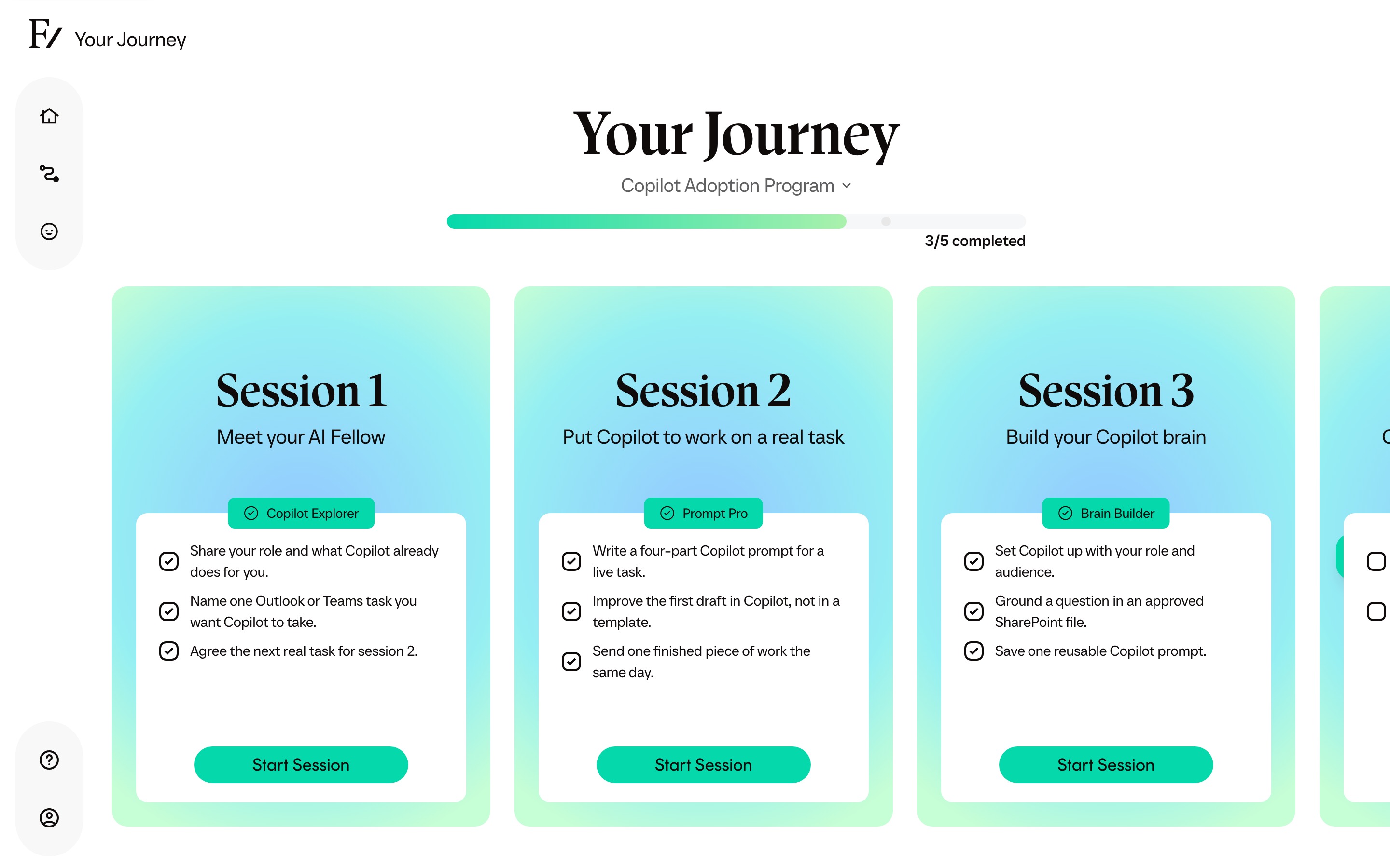 The Copilot Adoption Learning Path, with the first three Copilot sessions complete and the weekly-routine session unlocked