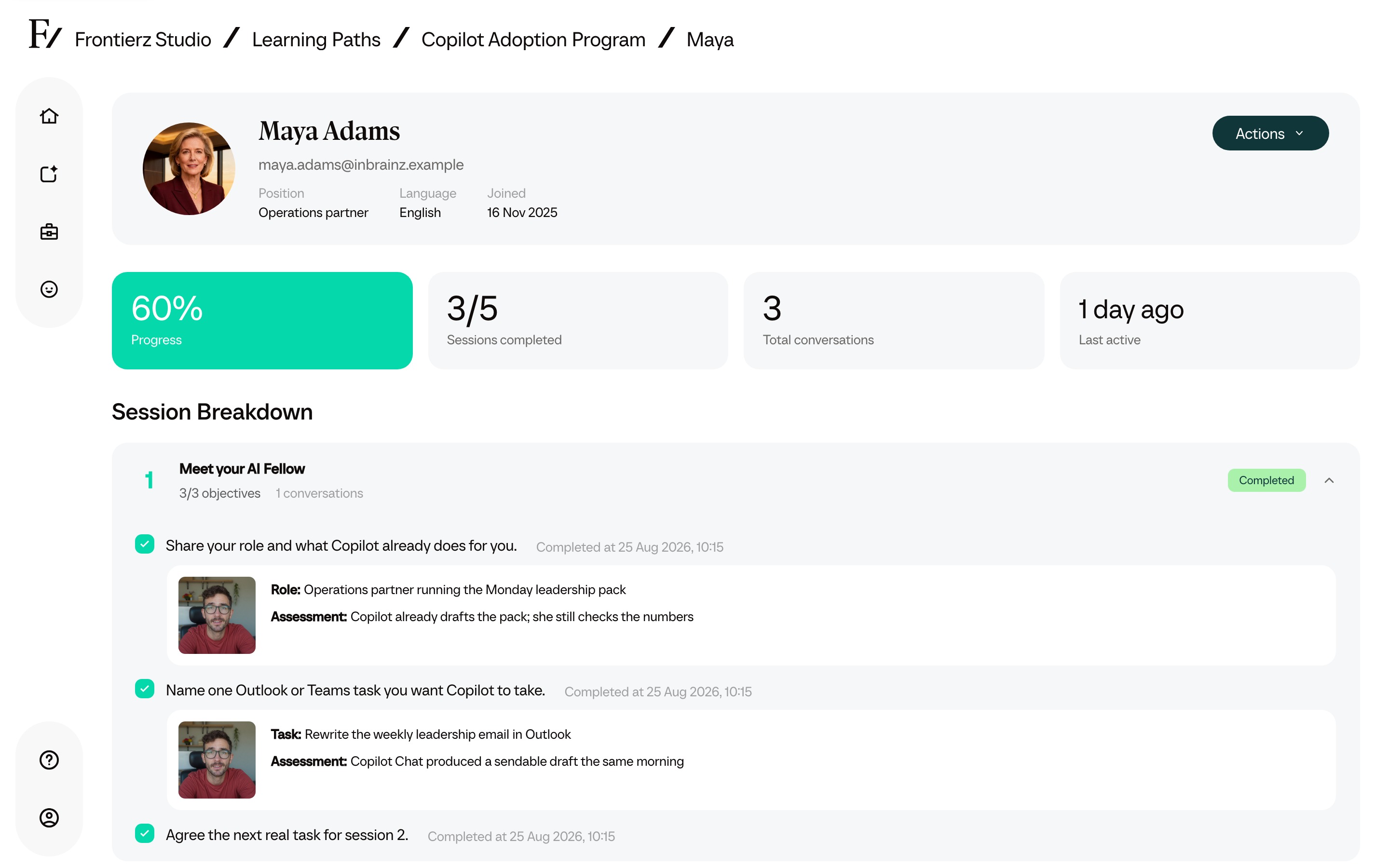 One learner's record in the Copilot Adoption Program: three of five sessions, with the AI Fellow's notes on Outlook drafts and Copilot Chat
