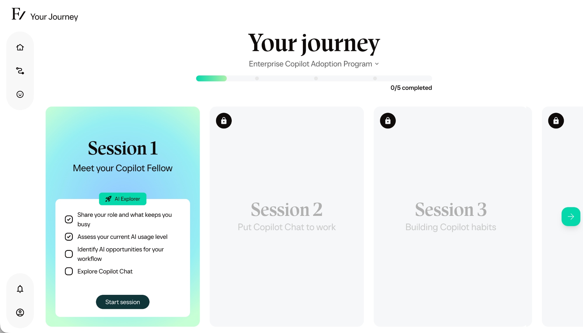 Your Journey for a Learning Path. Session 1 is open, later sessions stay locked until objectives are met.