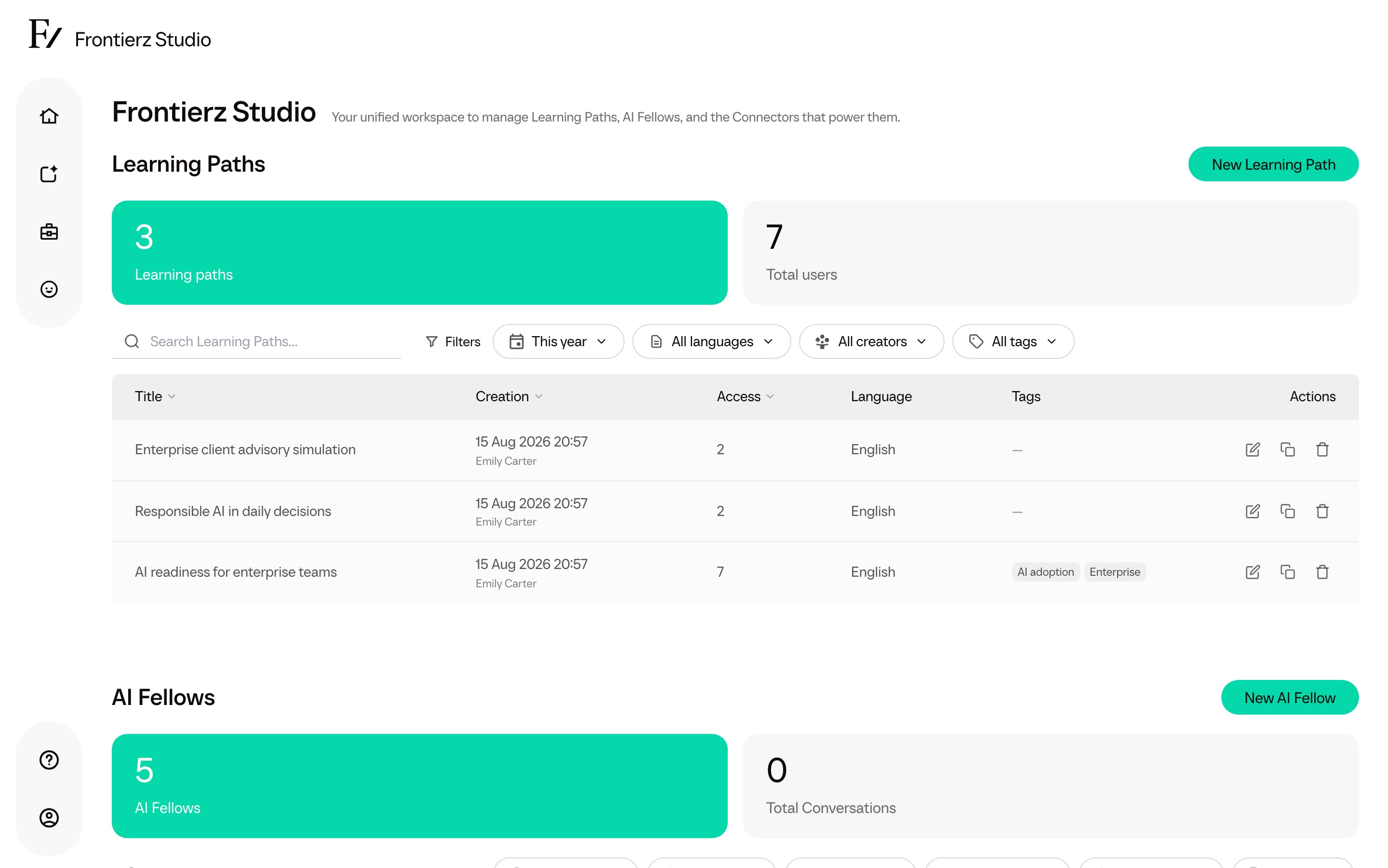 Frontierz Studio hub listing Learning Paths and AI Fellows.